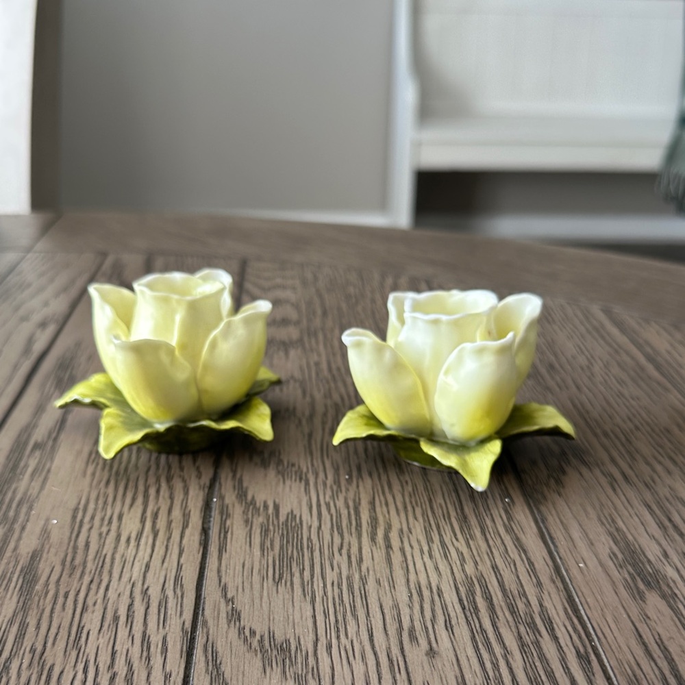 Pair of vintage Capodimonte Italian yellow rose candle holders